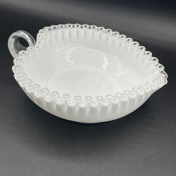 Fenton Milk Glass Heart Shape Nappy Candy Dish w/ Silver Crest Ruffled Edge - Picture 3 of 12
